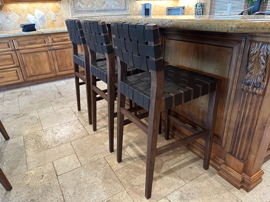Set Of Three Wooden With Woven Leather Bar Stools [CR] [Photo 3]