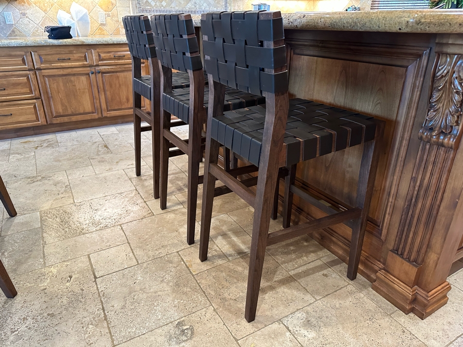 Set Of Three Wooden With Woven Leather Bar Stools [CR] [Photo 4]