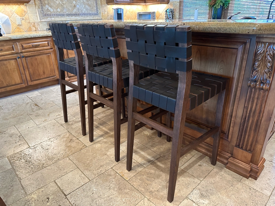 Set Of Three Wooden With Woven Leather Bar Stools [CR] [Photo 2]