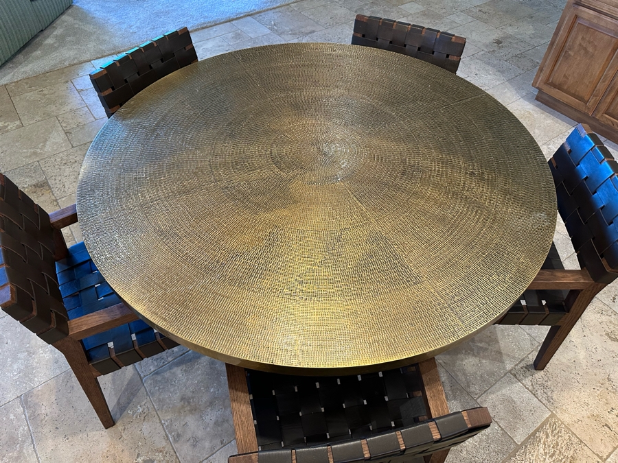 [Updated] 5' Round Hammered Metal Top Dining Table With Wooden Base And