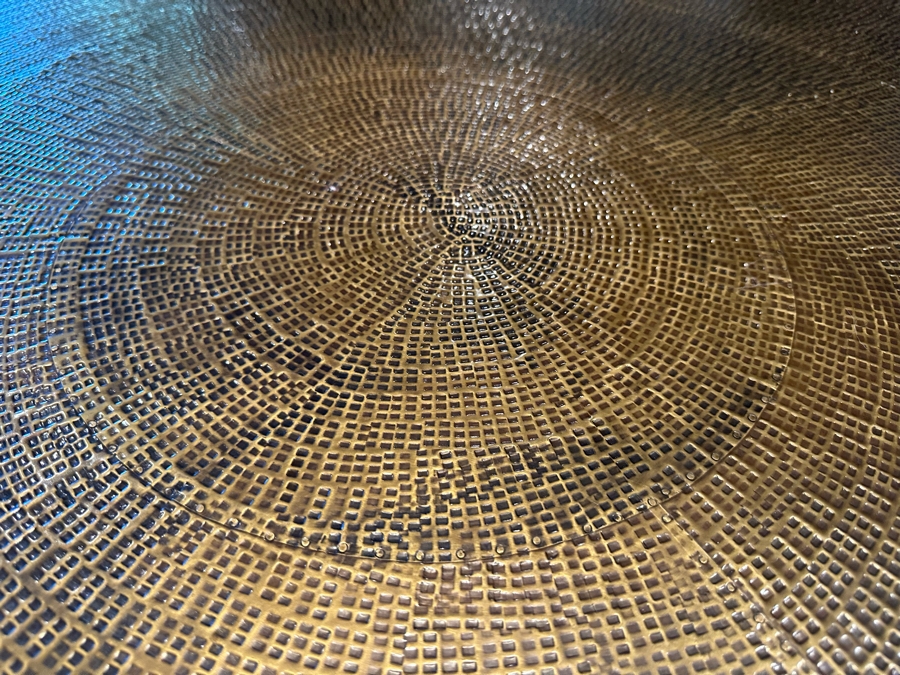 [Updated] 5' Round Hammered Metal Top Dining Table With Wooden Base And Six Wooden With Woven Leather Dining Chairs (One Chair Not Shown In Photo) [CR] [Photo 8]