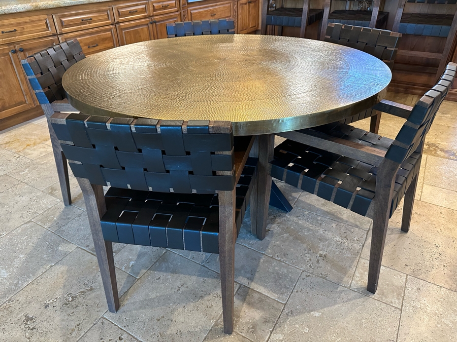 [Updated] 5' Round Hammered Metal Top Dining Table With Wooden Base And Six Wooden With Woven Leather Dining Chairs (One Chair Not Shown In Photo) [CR] [Photo 5]