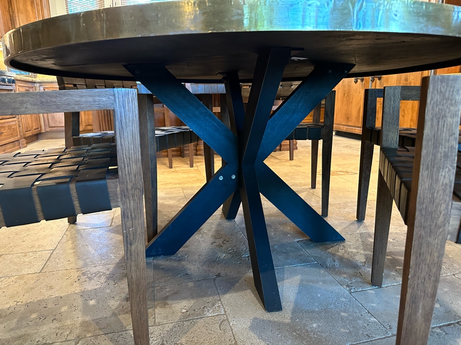 [Updated] 5' Round Hammered Metal Top Dining Table With Wooden Base And Six Wooden With Woven Leather Dining Chairs (One Chair Not Shown In Photo) [CR] [Photo 11]