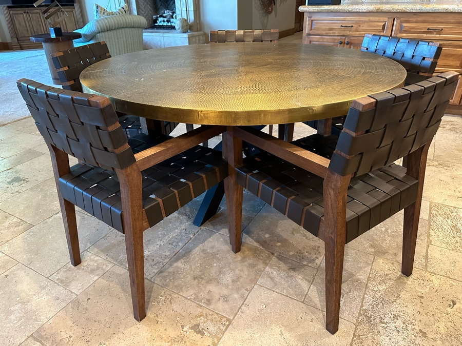 [Updated] 5' Round Hammered Metal Top Dining Table With Wooden Base And Six Wooden With Woven Leather Dining Chairs (One Chair Not Shown In Photo) [CR] [Photo 1]