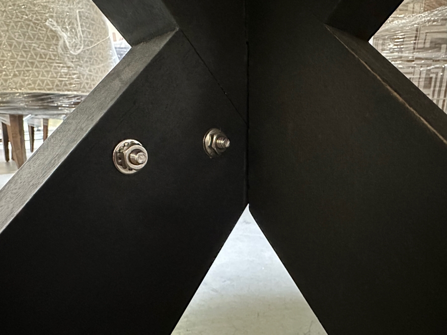 [Updated] 5' Round Hammered Metal Top Dining Table With Wooden Base And Six Wooden With Woven Leather Dining Chairs (One Chair Not Shown In Photo) [CR] [Photo 15]