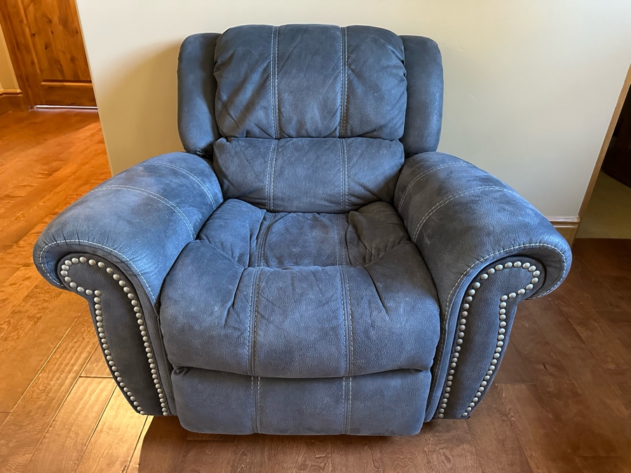Blue Leather Armchair With Brass Nail Head Trim [CR] [Photo 1]