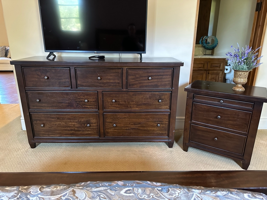 Seven Drawer Chest Of Drawers Dresser 5'6'W X 1'8'D X 3'3'H And Matching Nightstand 2'3'W X 1'5'D X 2'5'D By Millennium Ashley [CR] [Photo 1]