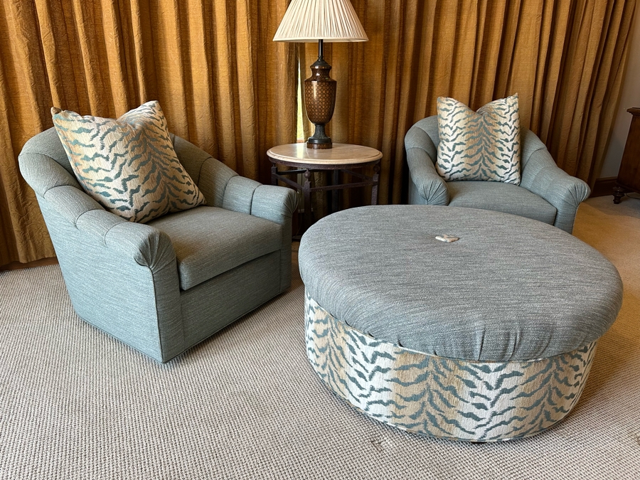 Pair Of Upholstered Armchairs With Throw Pillows 2'11'W X 3'1'D X 2'10'H And Round Upholstered Ottoman Table 3'10'R X 1'7'H [CR] [Photo 3]