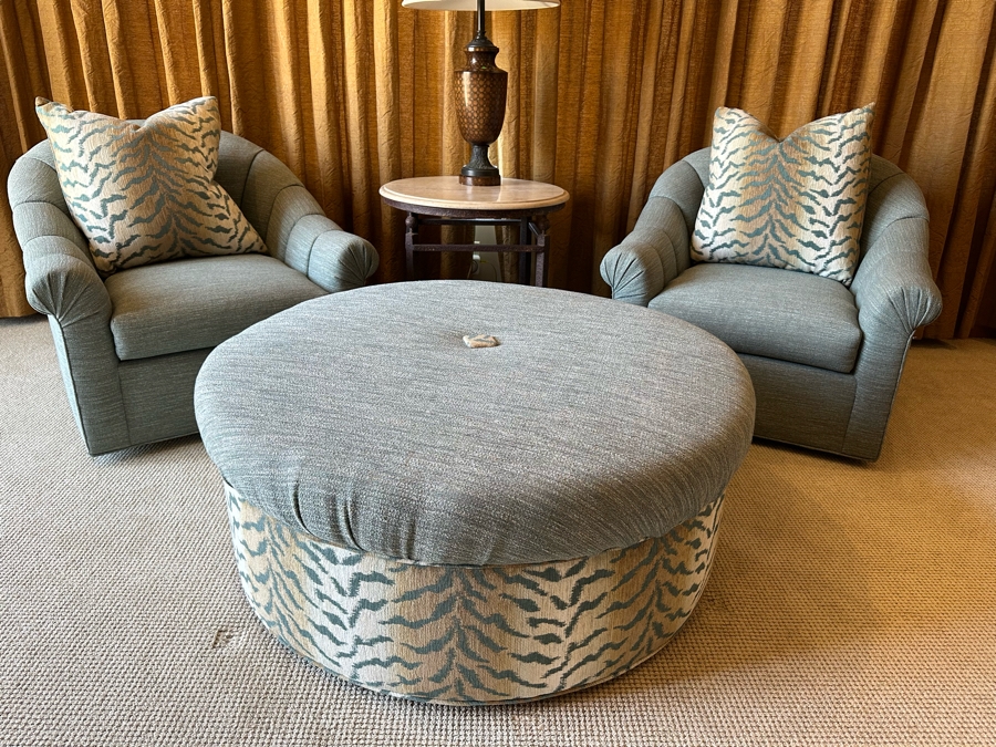 Pair Of Upholstered Armchairs With Throw Pillows 2'11'W X 3'1'D X 2'10'H And Round Upholstered Ottoman Table 3'10'R X 1'7'H [CR] [Photo 2]