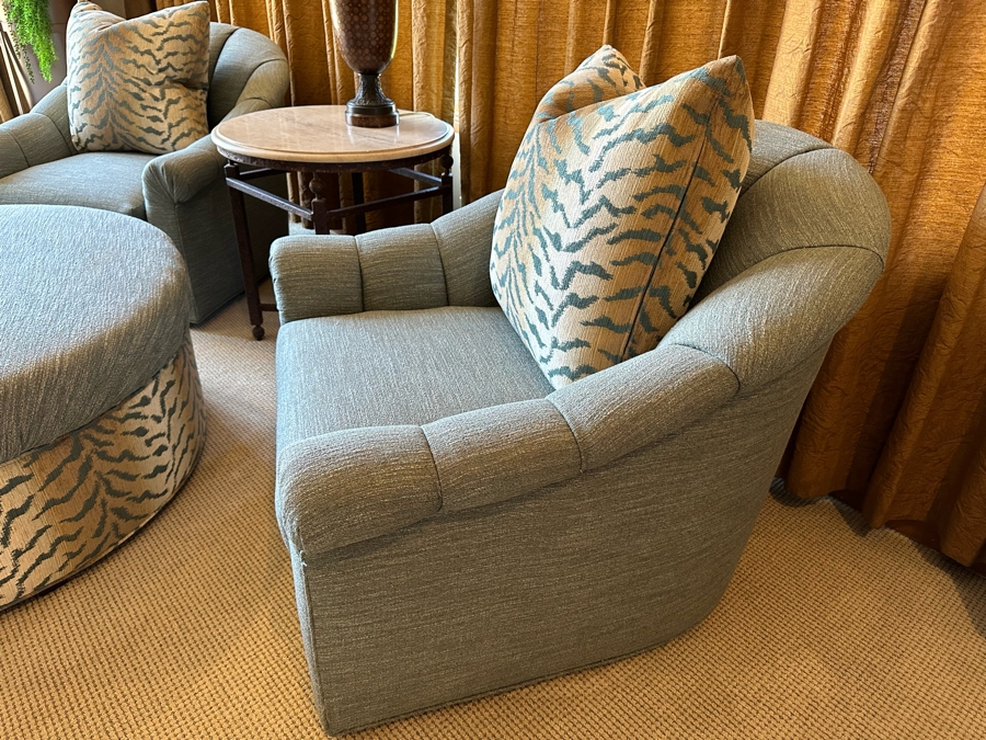 Pair Of Upholstered Armchairs With Throw Pillows 2'11'W X 3'1'D X 2'10'H And Round Upholstered Ottoman Table 3'10'R X 1'7'H [CR] [Photo 7]