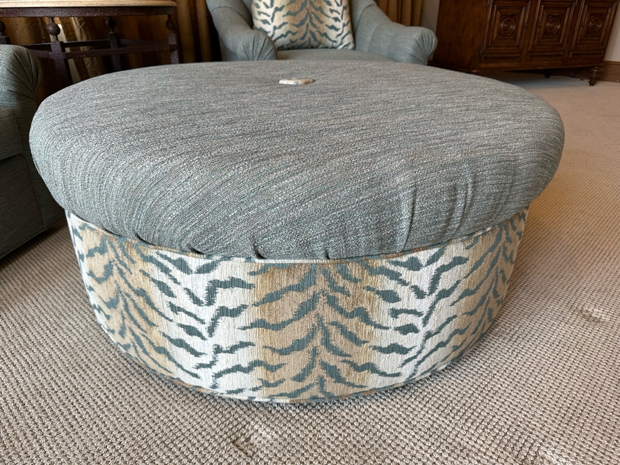 Pair Of Upholstered Armchairs With Throw Pillows 2'11'W X 3'1'D X 2'10'H And Round Upholstered Ottoman Table 3'10'R X 1'7'H [CR] [Photo 5]