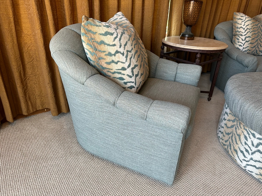 Pair Of Upholstered Armchairs With Throw Pillows 2'11'W X 3'1'D X 2'10'H And Round Upholstered Ottoman Table 3'10'R X 1'7'H [CR] [Photo 4]