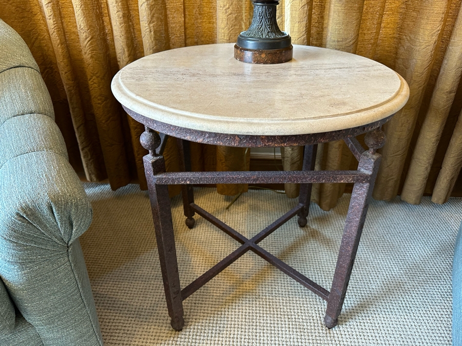 Travertine Top Side Table With Metal Base 2'3'W X 2'2.5'H [CR] [Photo 1]