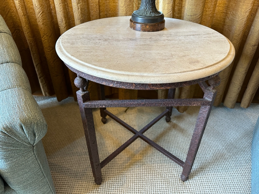 Travertine Top Side Table With Metal Base 2'3'W X 2'2.5'H [CR] [Photo 2]