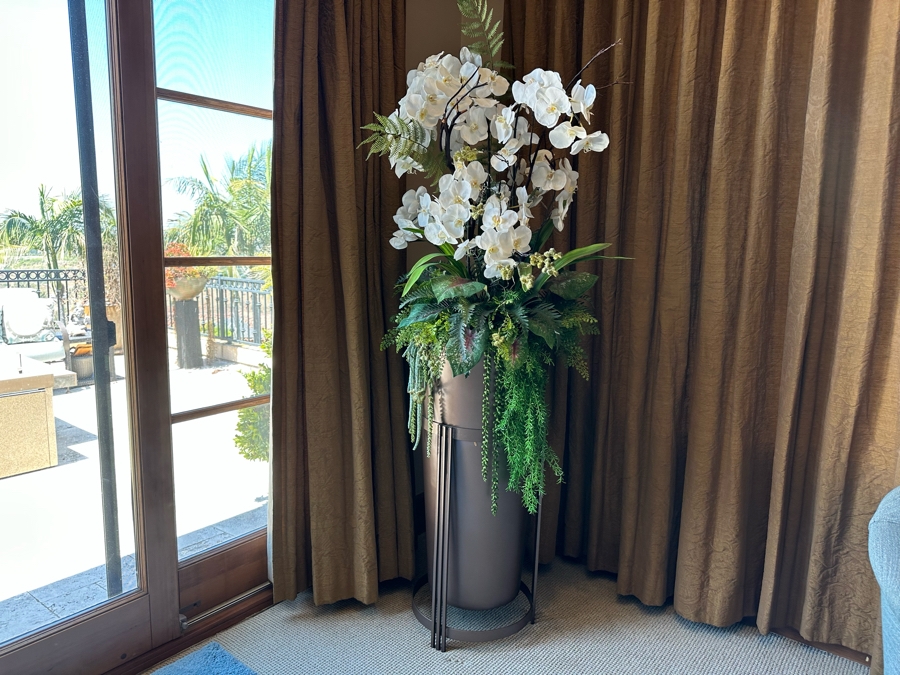 Pair Of Freestanding Faux Orchids Plants With Metal / Plastic Flower Pots 1'6'W X 6'9'H [CR] [Photo 2]