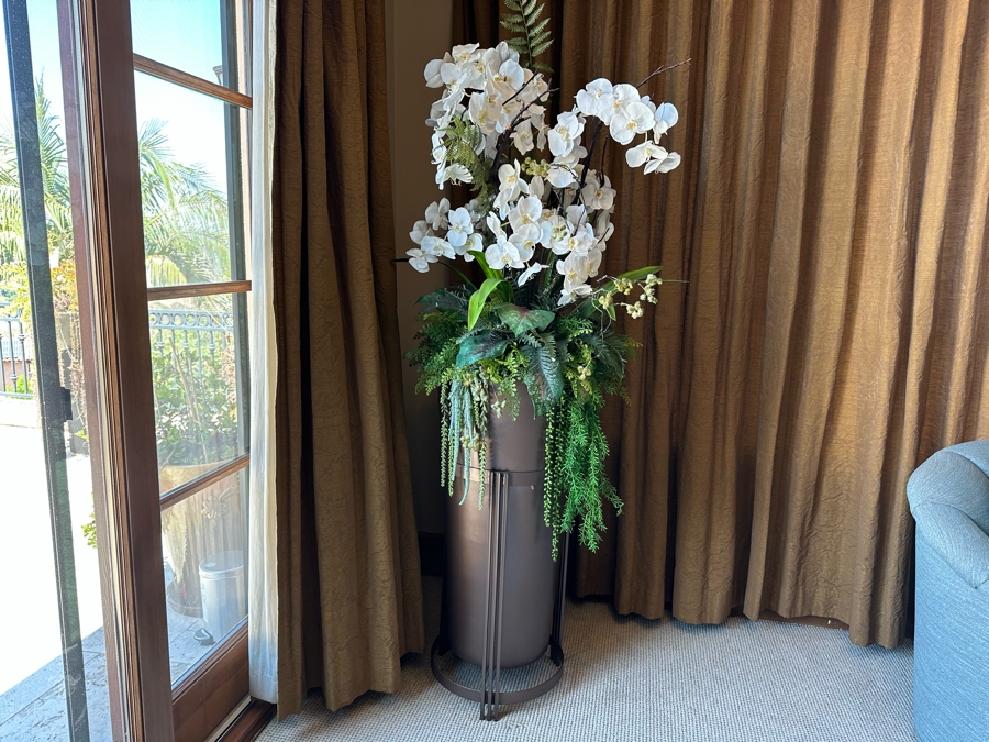 Pair Of Freestanding Faux Orchids Plants With Metal / Plastic Flower Pots 1'6'W X 6'9'H [CR] [Photo 3]