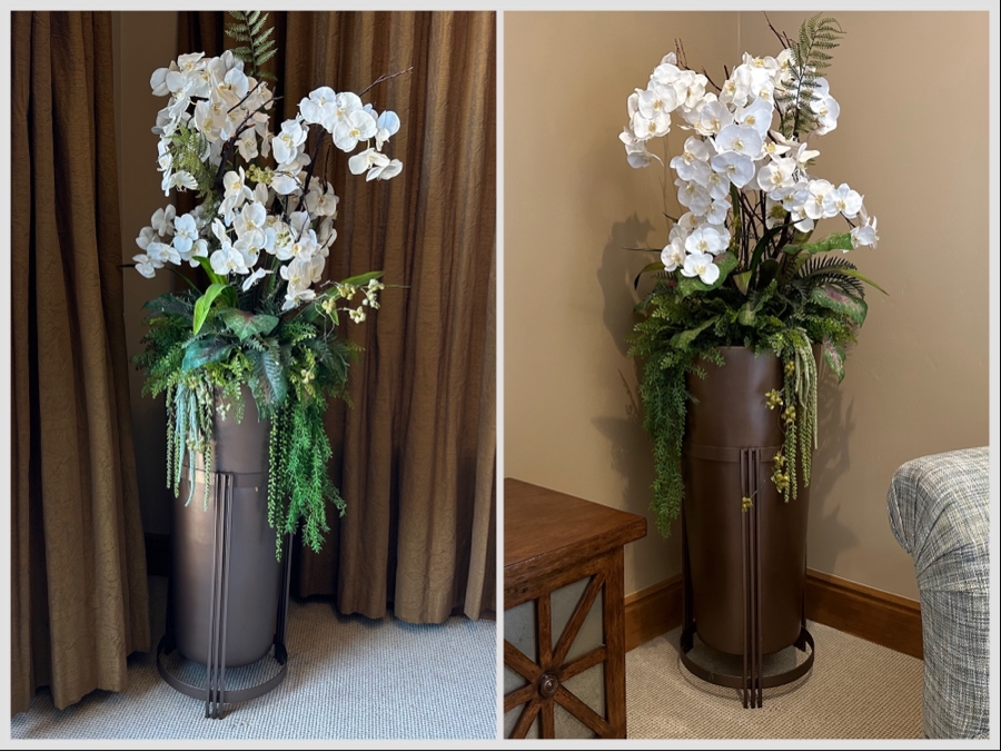 Pair Of Freestanding Faux Orchids Plants With Metal / Plastic Flower Pots 1'6'W X 6'9'H [CR] [Photo 1]