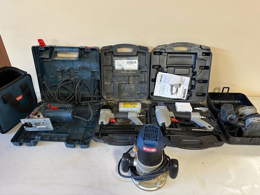 Power Tool Lot Featuring Jigsaw, Sanders, And Pair Of Finish Nailers [CR]