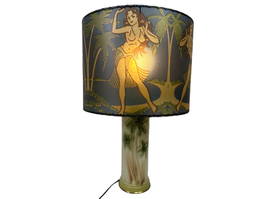 Vintage Palm Tree Lamp With Contemporary Hula Girl Lamp Shade 16W X 25H [Photo 2]