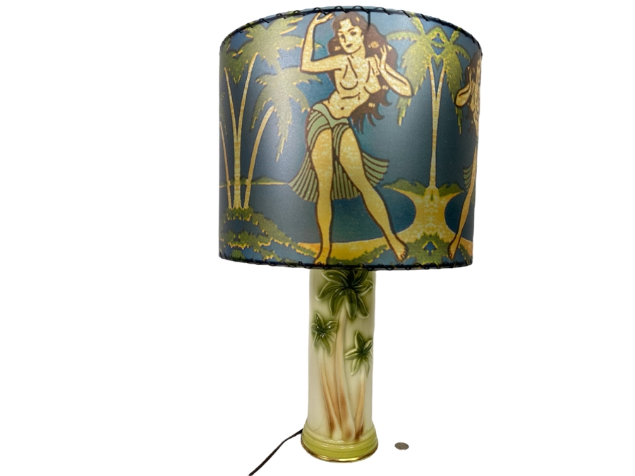 Vintage Palm Tree Lamp With Contemporary Hula Girl Lamp Shade 16W X 25H