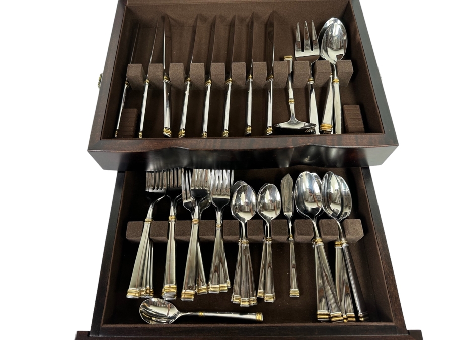 Ricci Stainless 18/10 Flatware Set With Wooden Storage Box Apx Service For 8 [CR]