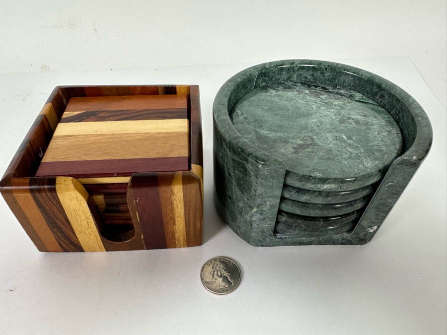 Pair Of Wooden And Marble Coaster Sets [CR] [Photo 3]