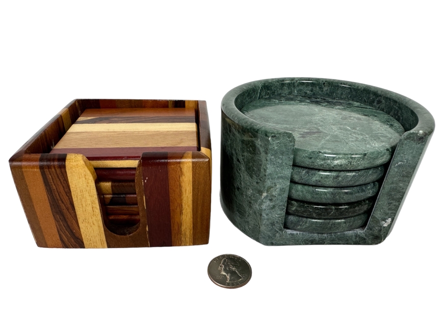 Pair Of Wooden And Marble Coaster Sets [CR] [Photo 1]