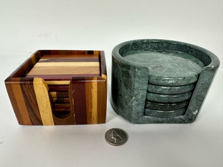 Pair Of Wooden And Marble Coaster Sets [CR] [Photo 2]