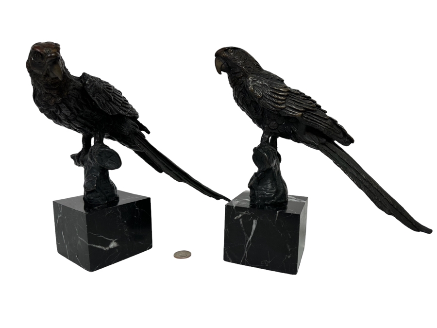 Pair Of Metal Bird Sculptures On Marble Bases From India 11W X 11H [CR] [Photo 1]