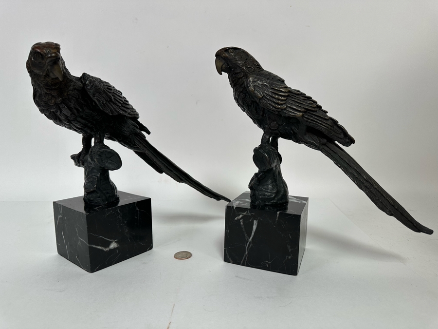 Pair Of Metal Bird Sculptures On Marble Bases From India 11W X 11H [CR] [Photo 2]