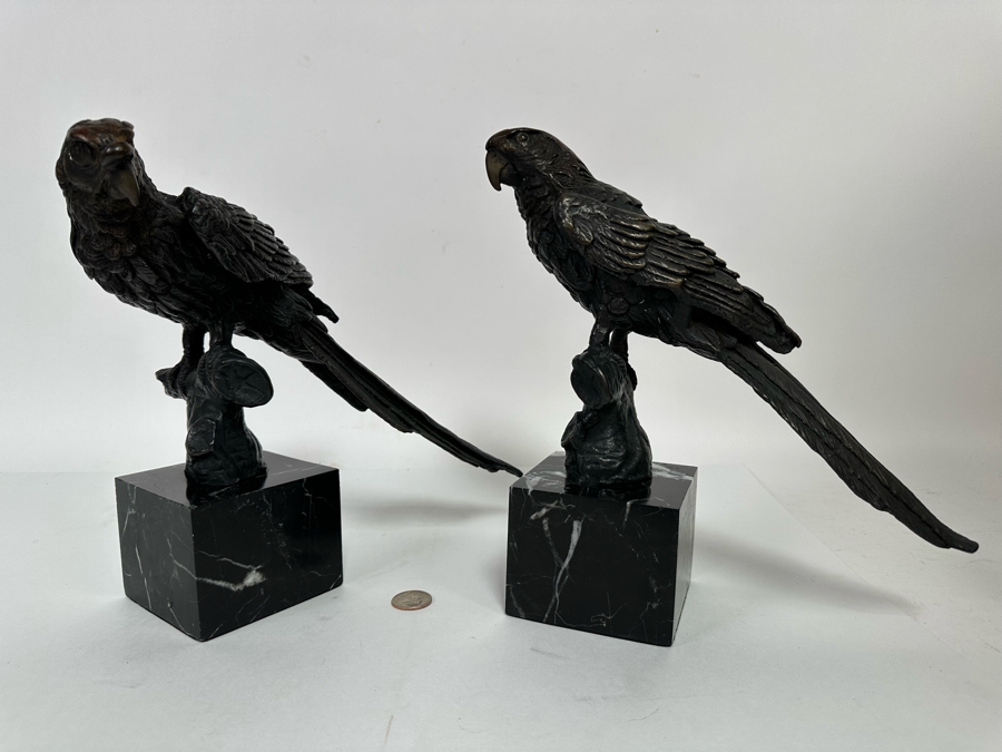 Pair Of Metal Bird Sculptures On Marble Bases From India 11W X 11H [CR] [Photo 3]