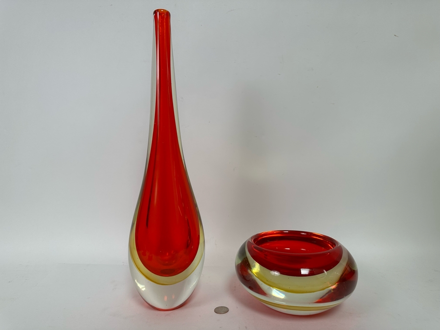 Red Glass Vase 20H And Bowl 8W X 4H, A Matching Pair [CR] [Photo 3]
