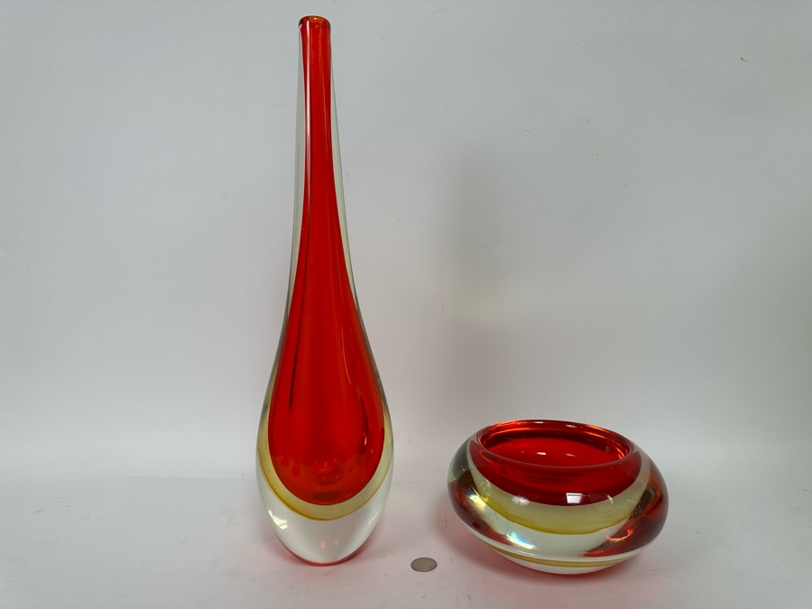 Red Glass Vase 20H And Bowl 8W X 4H A Matching Pair CR   52391 Btc6 