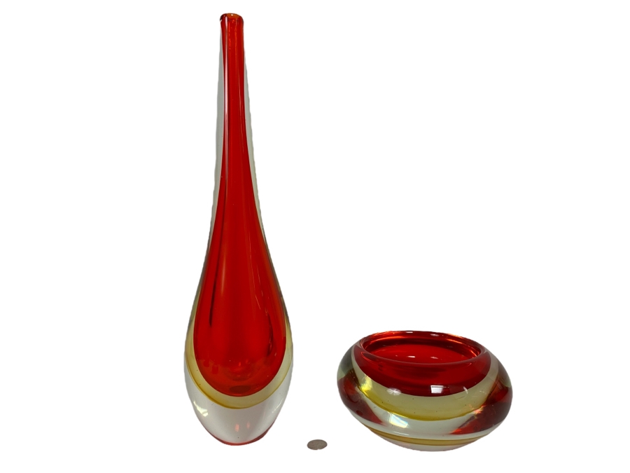 Red Glass Vase 20H And Bowl 8W X 4H, A Matching Pair [CR] [Photo 1]