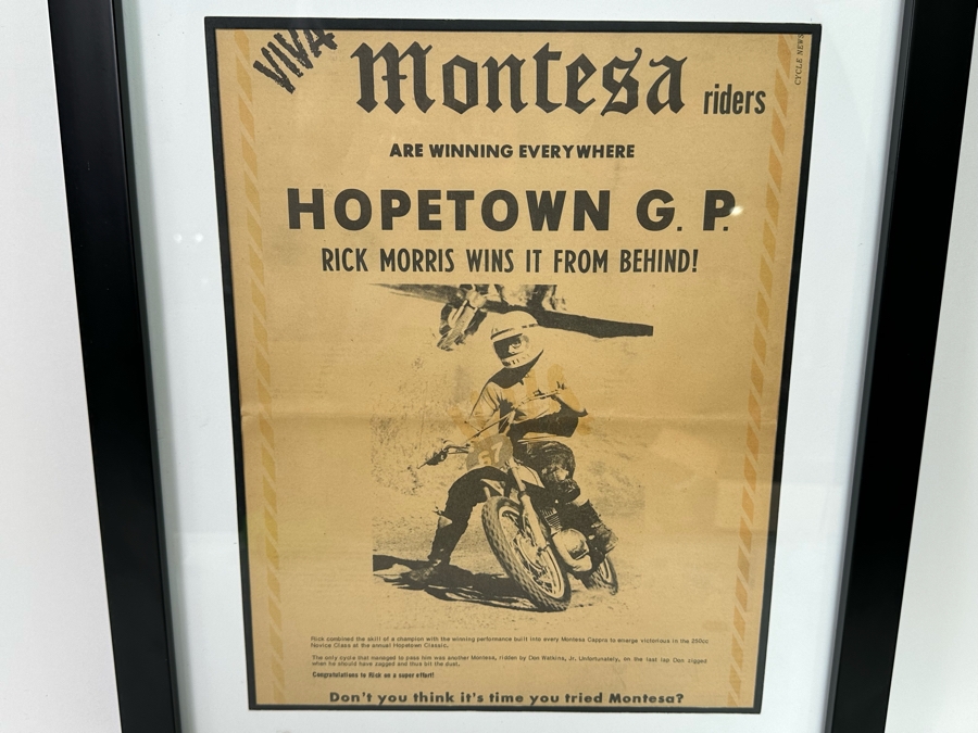 Framed Cycle News Racing Motorcycle Win Ad Viva Montesa Riders Hopetown G.P. Rick Morris Wins It From Behind 10.5 X 14 Framed 16 X 20 [CR] [Photo 3]