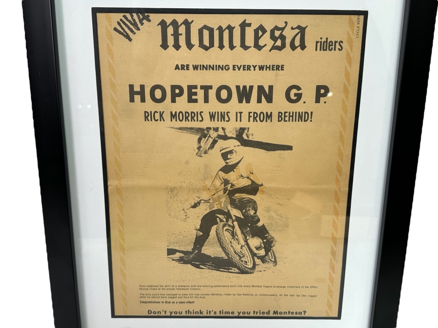 Framed Cycle News Racing Motorcycle Win Ad Viva Montesa Riders Hopetown G.P. Rick Morris Wins It From Behind 10.5 X 14 Framed 16 X 20 [CR] [Photo 1]