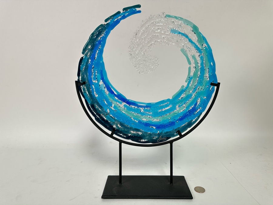 Signed Art Glass Wave With Metal Stand 12.5W X 16H [CR] [Photo 2]