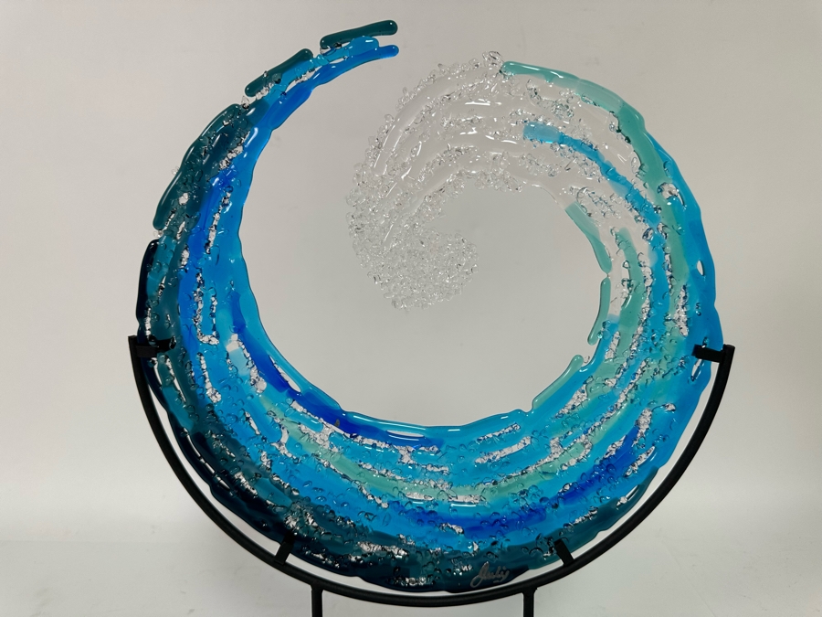 Signed Art Glass Wave With Metal Stand 12.5W X 16H [CR] [Photo 4]