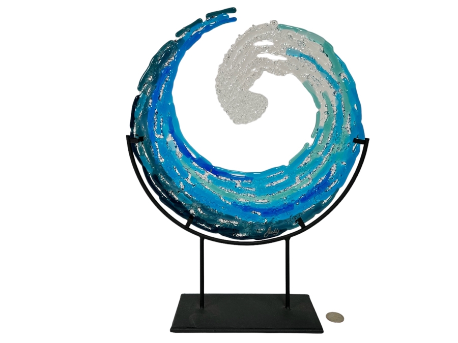 Signed Art Glass Wave With Metal Stand 12.5W X 16H [CR] [Photo 1]