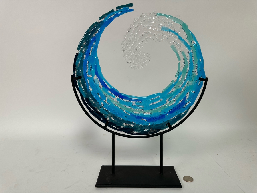 Signed Art Glass Wave With Metal Stand 12.5W X 16H [CR] [Photo 3]