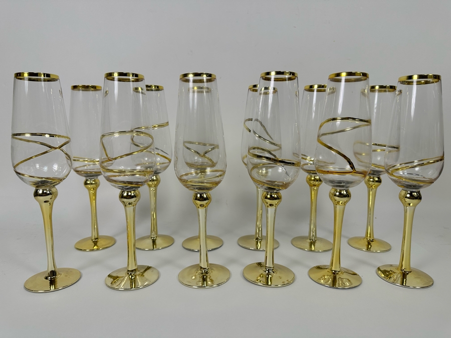 Set Of Twelve Z Gallerie Olympia Champagne Flutes Stemware Glasses With Gold Spiral Design 11.25H [CR] Retails $179 [Photo 3]