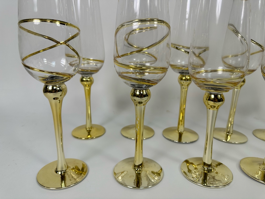 Set Of Twelve Z Gallerie Olympia Champagne Flutes Stemware Glasses With Gold Spiral Design 11.25H [CR] Retails $179 [Photo 5]