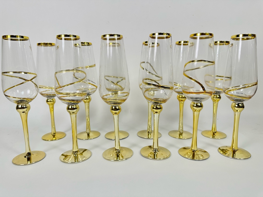 Set Of Twelve Z Gallerie Olympia Champagne Flutes Stemware Glasses With Gold Spiral Design 11.25H [CR] Retails $179 [Photo 4]