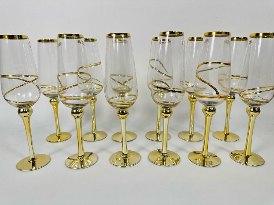 Set Of Twelve Z Gallerie Olympia Champagne Flutes Stemware Glasses With Gold Spiral Design 11.25H [CR] Retails $179 [Photo 2]