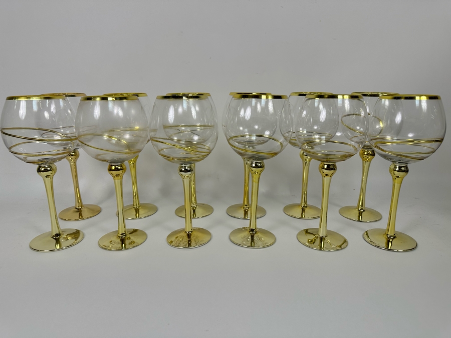 Set Of Twelve Z Gallerie Olympia Red Wine Stemware Glasses With Gold Spiral Design 10.25H [CR] Retails $179 [Photo 3]
