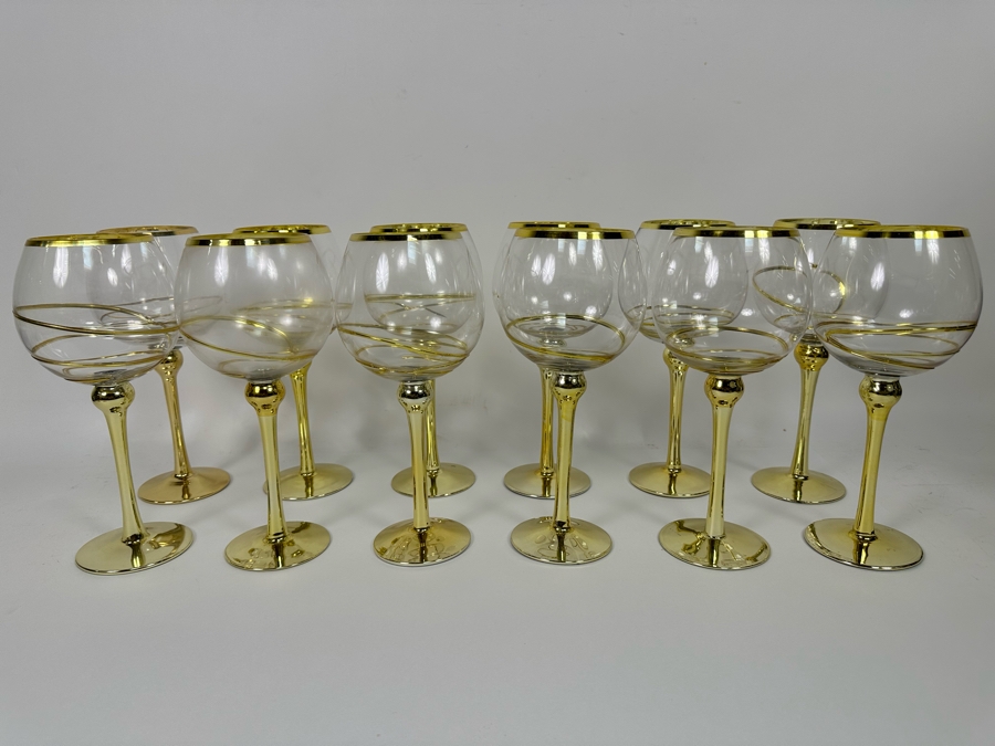 Set Of Twelve Z Gallerie Olympia Red Wine Stemware Glasses With Gold Spiral Design 10.25H [CR] Retails $179 [Photo 2]