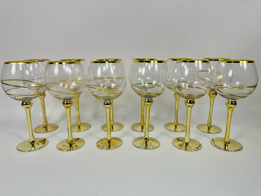 Set Of Twelve Z Gallerie Olympia Red Wine Stemware Glasses With Gold Spiral Design 10.25H [CR] Retails $179 [Photo 1]