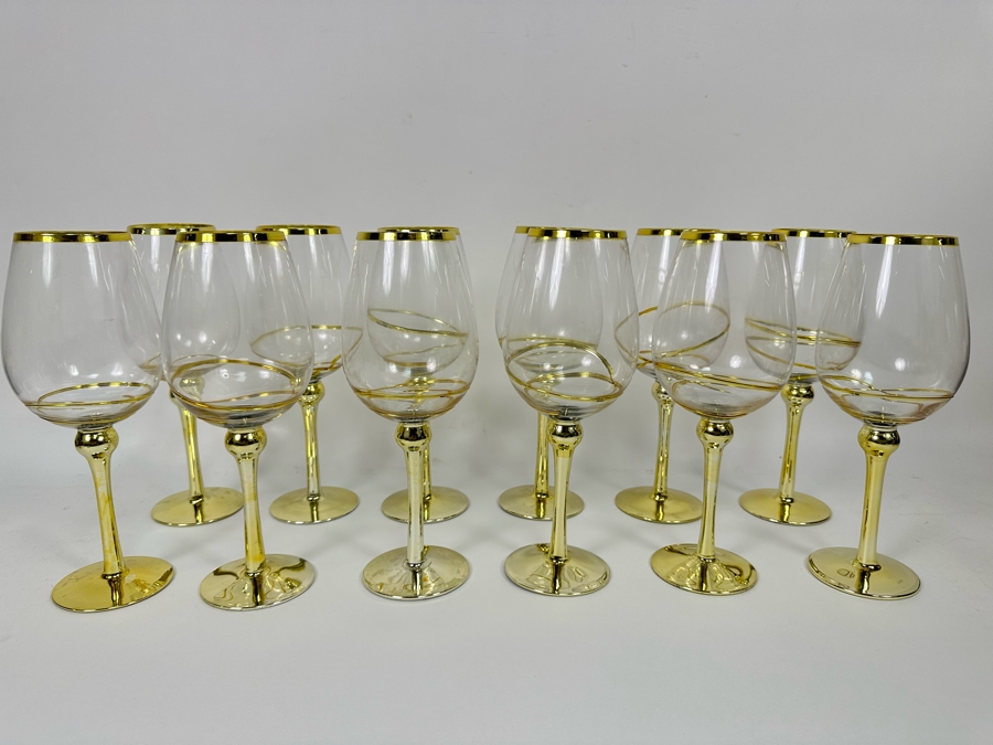 Set Of Twelve Z Gallerie Olympia White Wine Stemware Glasses With Gold Spiral Design 11H [CR] Retails $179 [Photo 1]
