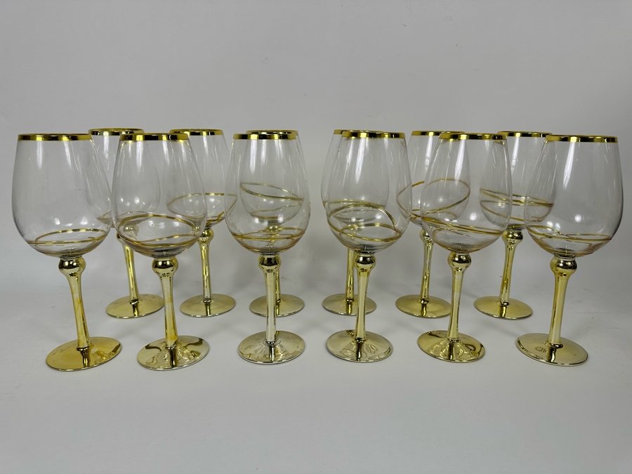 Set Of Twelve Z Gallerie Olympia White Wine Stemware Glasses With Gold Spiral Design 11H [CR] Retails $179 [Photo 2]