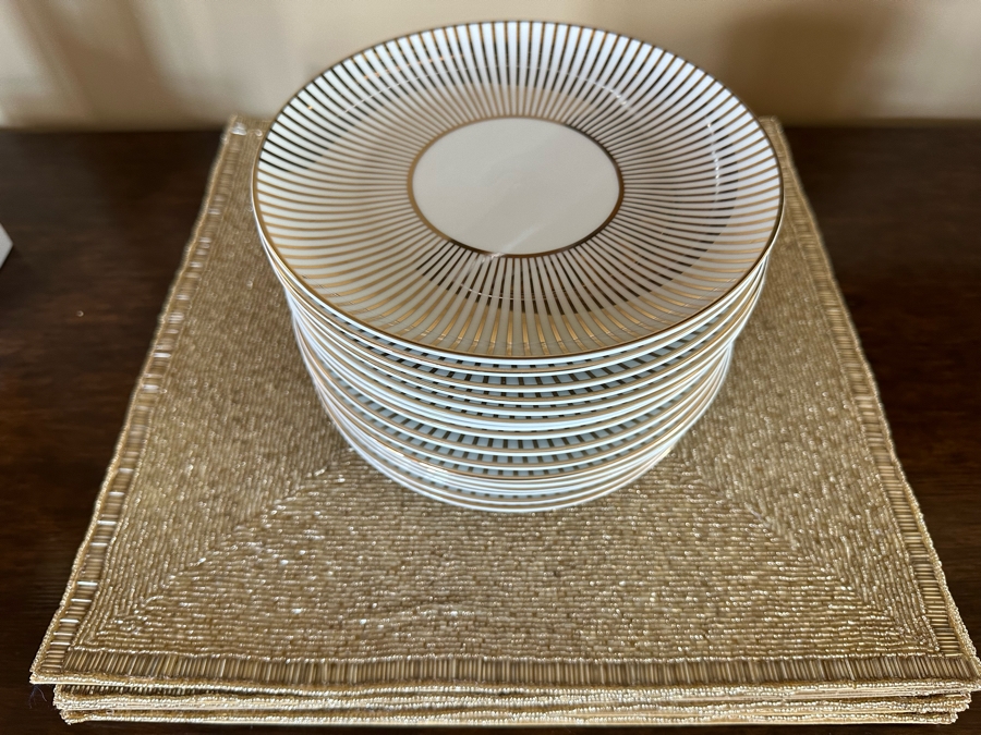 Soiree Porcelain Dinnerware Plates 8R And (8) Gold Tone Beaded Placemats [CR] (Placemats Retails For $239) From Z Gallerie